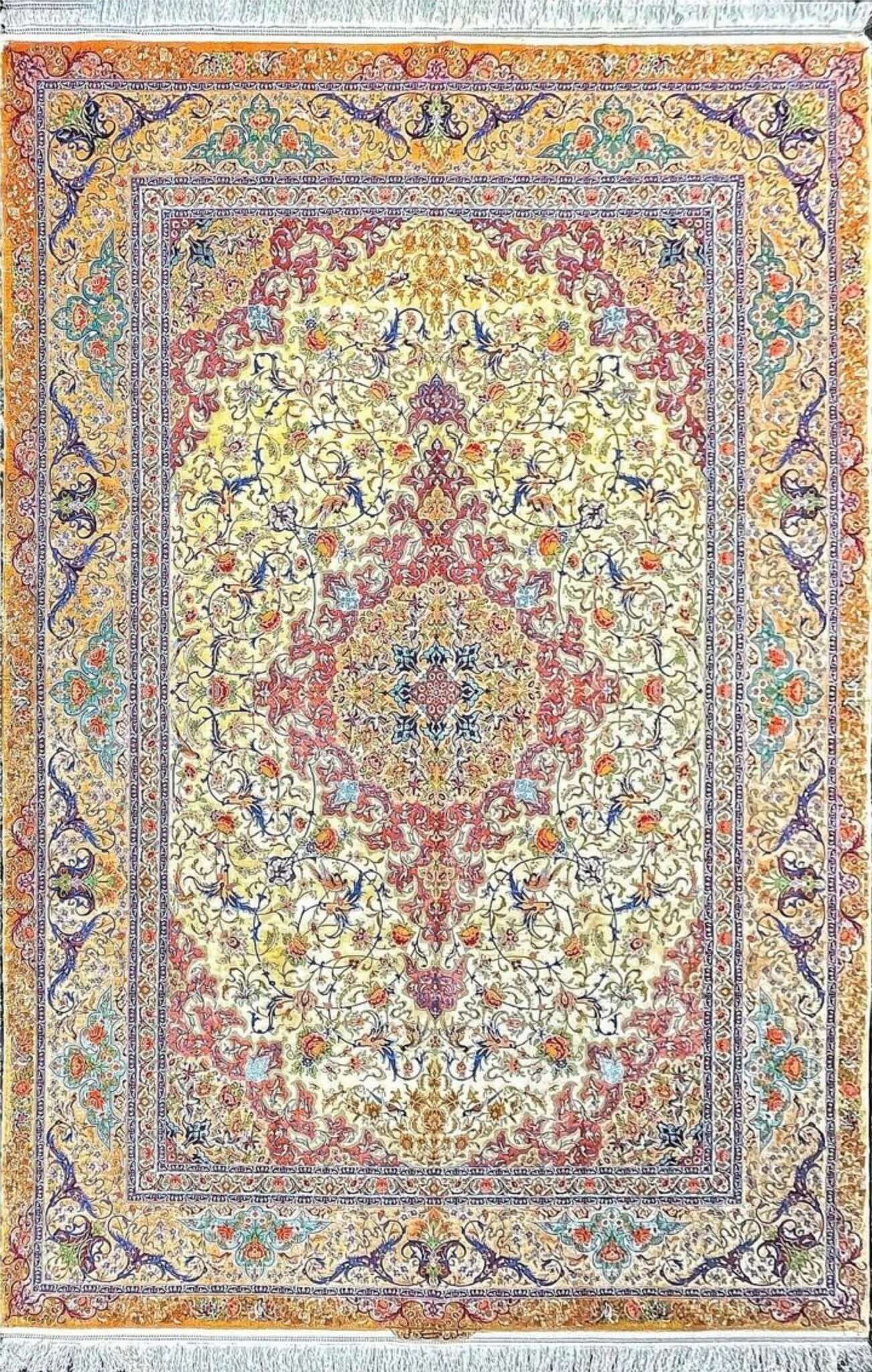 "Hand-knotted Persian silk and wool rug with intricate floral patterns from Isfahan, Iran"